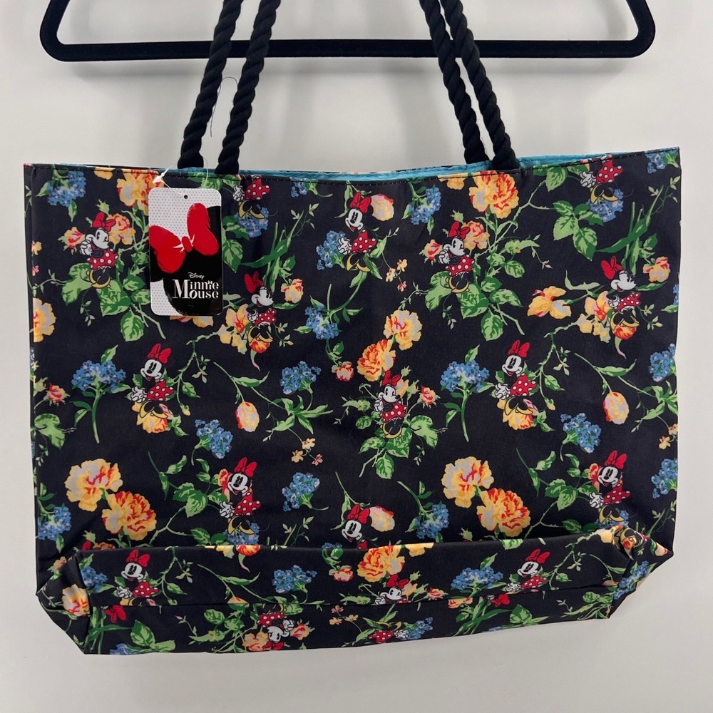 Disney Minnie Mouse Floral Print Tote Bag Black Rope Handles